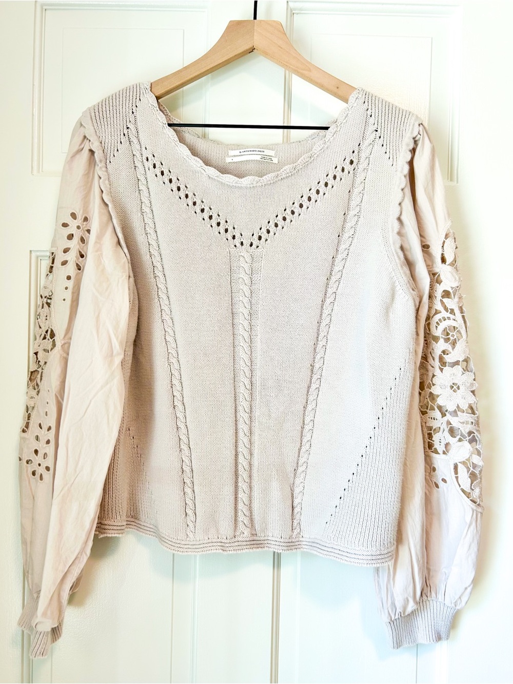 By Anthropologie Cutwork Puff-Sleeve Cotton Sweater - Large - Picture 4 of 9